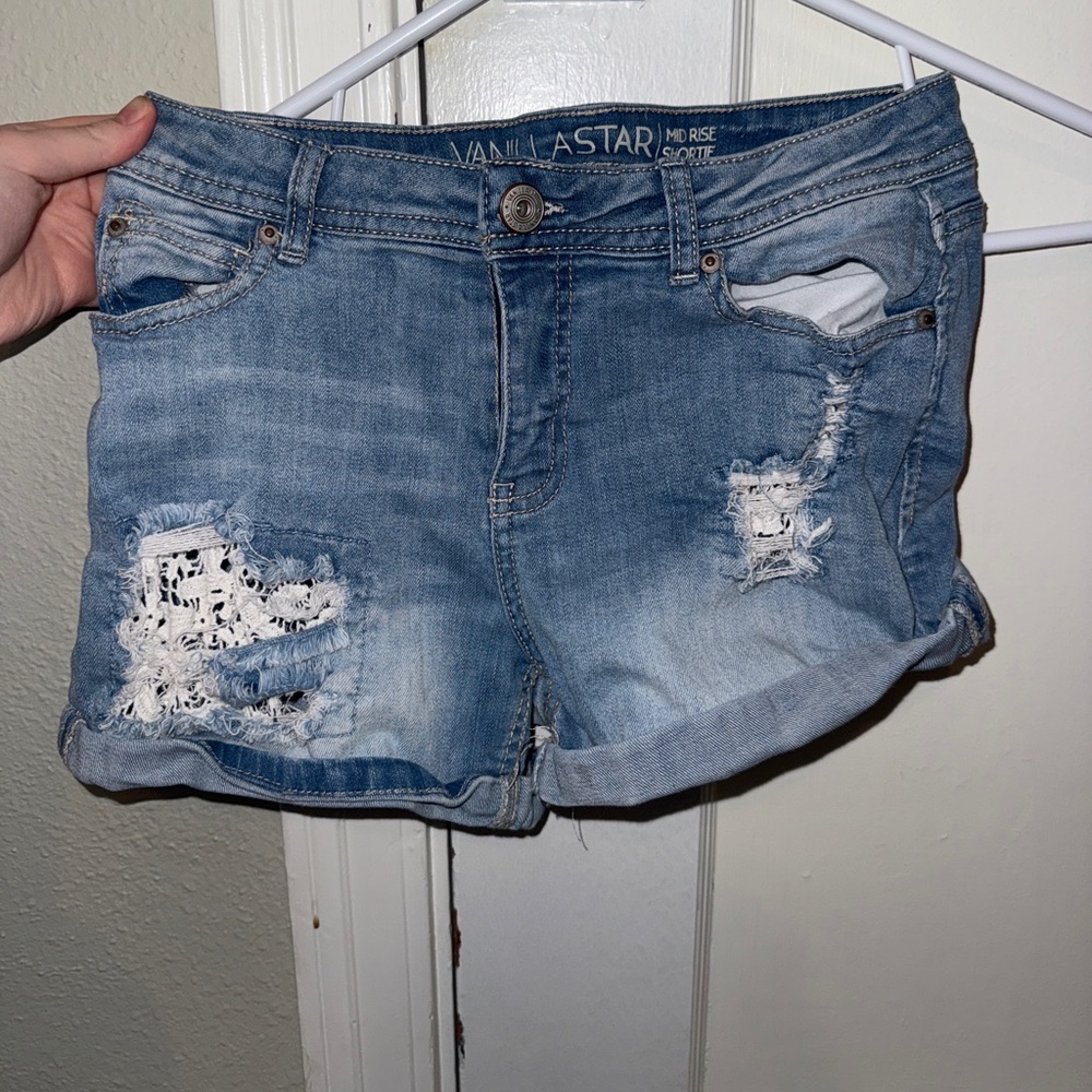 Vanilla Star Ripped Lace Light Blue Jean Shorts